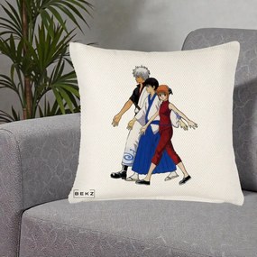 Perna Personalizata Gintama Trio Gintoki Shinpachi Kagura, 40x40 cm, Crem Reliefat, Husa Detasabila, Perna Inclusa, BEKZ®