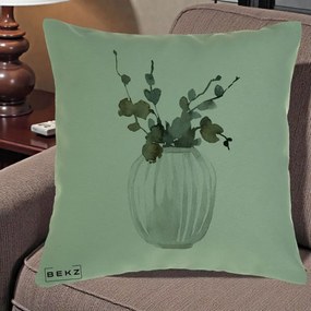 Perna Decorativa Vaza cu Eucalipt Watercolor, 40x40 cm, Verde, Husa Detasabila, Perna Inclusa, BEKZ®