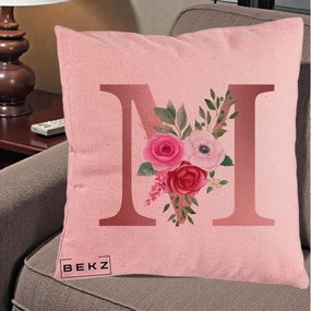 Cadou Personalizat - Perna Personalizata Monograma Rose Gold Litera M cu Trandafiri, 40x40 cm, Roz, Husa Detasabila, Perna Inclusa, BEKZ®
