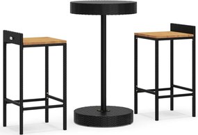 vidaXL Set bar pentru grădină, 3 piese, negru, poliratan/lemn acacia