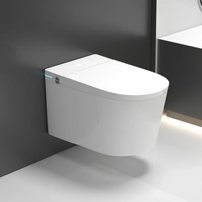 Smart WC G02 – Vas de Toaletă Inteligent Suspendat cu deschidere automată, sterilizare UV, capac încălzit, uscare cu aer cald, afișaj LED, evacuare P-Trap, Alb
