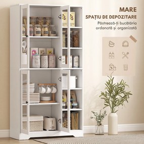 HOMCOM Bufet Bucătărie Înalt, Dulap Dispensa cu 4 Uși din Sticlă Soft-Close, 6 Rafturi Deschise, Rafturi Reglabile, Alb | Aosom Romania