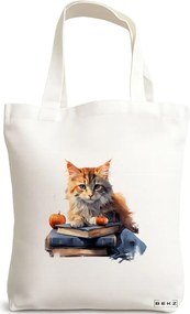 Sacosa de Panza pentru Cumparaturi, Geanta Tote, model Reading cat 3 38 x 34.5 cm, Alba, BEKZ®
