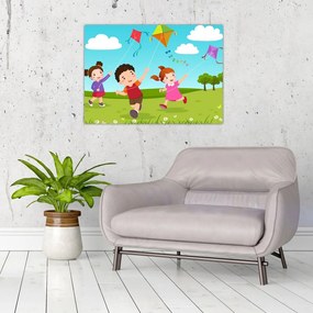 Tablou pe sticlă - Copii cu zmeu (70x50 cm)