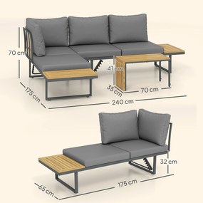 Outsunny Set mobilier exterior, extensibil la 6 locuri, colțar outdoor în formă de L cu mese, cadru din oțel, spătare reglabile, gri | Aosom Romania
