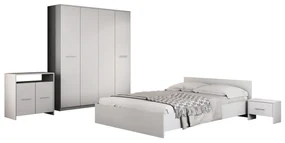 Dormitor Luiza 4U5P, culoare alb, cu pat standard 140 x 200 cm, dulap cu 4 usi, comoda si 2 noptiere