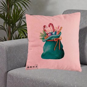 Perna Decorativa Saculet Cadouri Mos Craciun Acuarela Verde, 40x40 cm, Roz, Husa Detasabila, Perna Inclusa, BEKZ®
