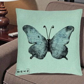 Perna Decorativa Fluture Acuarela Albastru-Gri, 40x40 cm, Verde Menta, Husa Detasabila, Perna Inclusa, BEKZ®