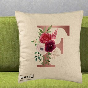 Cadou Personalizat - Perna Personalizata Monograma Rose Gold Litera F, 40x40 cm, Bej, Husa Detasabila, Perna Inclusa, BEKZ®