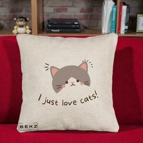 Perna Personalizata I Just Love Cats Pisica Kawaii, 40x40 cm, Bej Canapea, Husa Detasabila, Perna Inclusa, BEKZ®