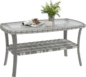 Outsunny Masă de grădină exterioară dreptunghiulară din ratan cu raft blat din sticlă securizată cu model ondulat 90x50x45 cm Gri închis | Aosom Romania