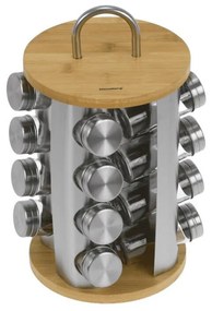 Set 16 borcane pentru condimente cu suport rotativ Klausberg KB 7553, bambus si otel, Inox/maro