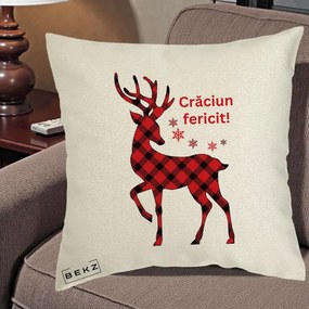 Perna Decorativa Ren Tartan Craciun Fericit, 40x40 cm, Ecru, Husa Detasabila, Perna Inclusa, BEKZ®