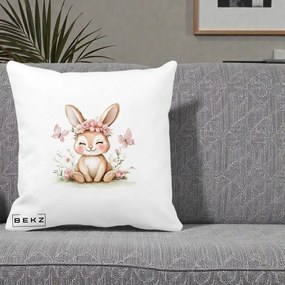 Perna Decorativa Iepuras cu Coronita Florala Roz, 40x40 cm, Alba Mata, Husa Detasabila, Perna Inclusa, BEKZ®