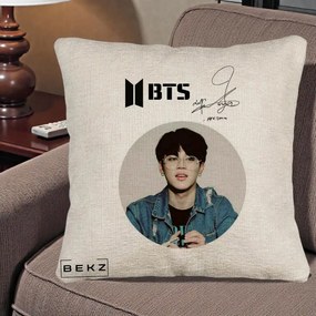 Perna Personalizata K-pop BTS Jimin Portret Cerc Autograf Geaca, 40x40 cm, Bej Canapea, Husa Detasabila, Perna Inclusa, BEKZ®
