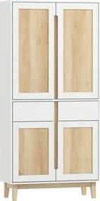 HOMCOM Bufet înalt de bucătărie, dulap de bucătărie cu 4 uși, 2 sertare și rafturi reglabile, 80x35x170cm, alb și stejar | Aosom Romania