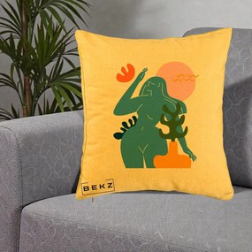 Perna Decorativa Femeie Albastra Cactus, 40x40 cm, Galben, Husa Detasabila, Perna Inclusa, BEKZ®