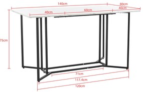 Masă de prânz modernă dreptunghiulară, cu blat din MDF cu model de marmură, 140x80x75 cm, Alb+Negru