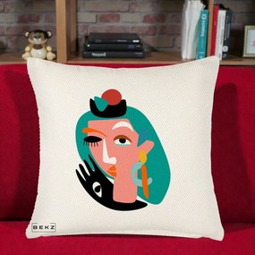 Perna Decorativa Portret Abstract Matisse Turcoaz, 40x40 cm, Crem Reliefat, Husa Detasabila, Perna Inclusa, BEKZ®