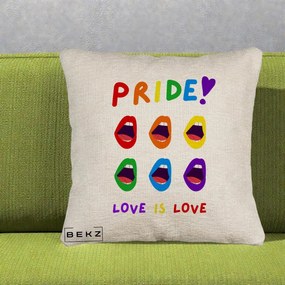 Perna Personalizata Pride Love is Love Curcubeu, 40x40 cm, Bej Canapea, Husa Detasabila, Perna Inclusa, BEKZ®