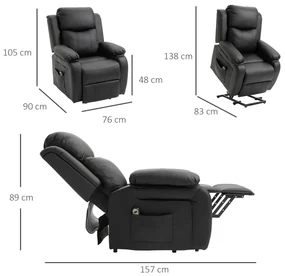 HOMCOM Fotoliu Rabatabil la 160°, Fotoliu Electric cu Ridicare, Suport pentru Picioare și Telecomandă, 76x90x105 cm, Negru | Aosom Romania