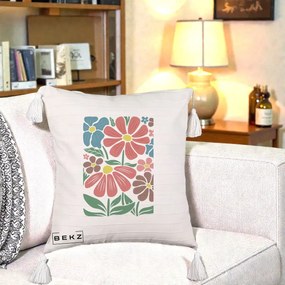 Perna Decorativa Flori Grafice Colorate Retro, 40x40 cm, Bej cu Franjuri, Husa Detasabila, Perna Inclusa, BEKZ®