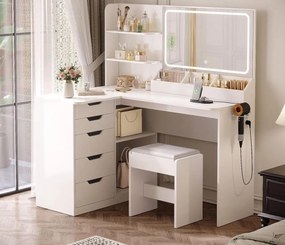 SEA496 - Set Masa toaleta 120 cm pentru colt, cosmetica machiaj, oglinda cu LED, masuta vanity cu scaun tapitat, cu Prize, USB si Suport Uscator par