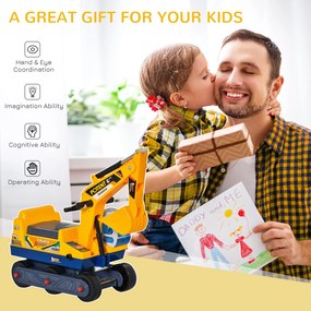 HOMCOM Buldozer Jucarie cu Excavator Manual Scaun Rotativ si Casca, Jucarie prevazuta cu Loc, Copii 2-3 ani, 77x26x55cm, Galben