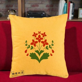 Perna Decorativa Buchet Floral Folk Rosu-Verde, 40x40 cm, Galben, Husa Detasabila, Perna Inclusa, BEKZ®