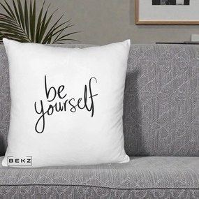 Perna Decorativa Be Yourself Caligrafie Neagra, 40x40 cm, Alb Pufos, Husa Detasabila, Perna Inclusa, BEKZ®