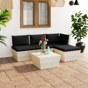 Set mobilier gradina din paleti cu perne, 5 piese, lemn molid Negru, colt + 2x mijloc + masa + suport pentru picioare, 1