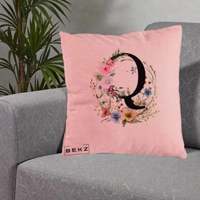 Cadou Personalizat - Perna Personalizata Monogram Litera Q cu Flori Acuarela, 40x40 cm, Roz, Husa Detasabila, Perna Inclusa, BEKZ®