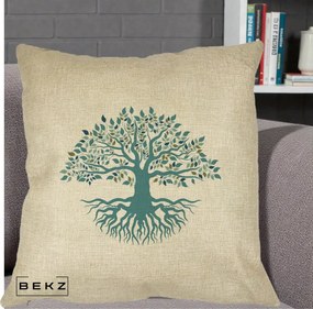 Perna Decorativa Copacul Vietii Teal cu Radacini, 40x40 cm, Crem, Husa Detasabila, Perna Inclusa, BEKZ®