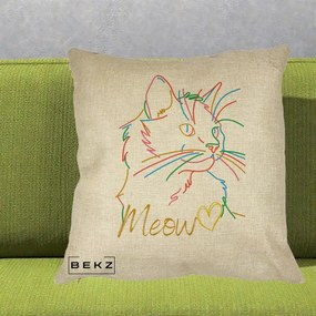 Perna Personalizata Pisica Meow Arta Linie Colorata, 40x40 cm, Crem, Husa Detasabila, Perna Inclusa, BEKZ®