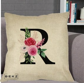 Cadou Personalizat - Perna Personalizata Monograma Florala Litera R, 40x40 cm, Crem, Husa Detasabila, Perna Inclusa, BEKZ®