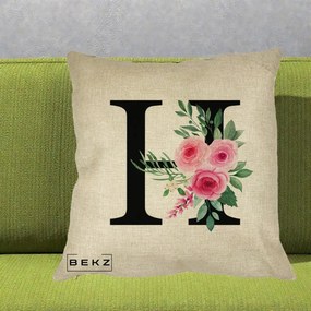Cadou Personalizat - Perna Personalizata Monograma Florala Litera H cu Trandafiri Roz, 40x40 cm, Crem, Husa Detasabila, Perna Inclusa, BEKZ®