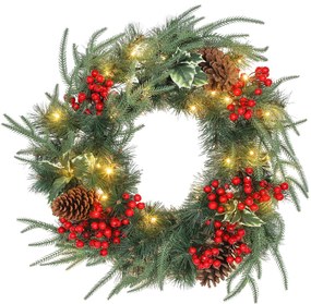 HOMCOM Ghirlandă de Crăciun de 60 cm cu Lumini LED Albe, Coroană de Crăciun cu Temporizator, 170 de Ramuri, Conuri de Pin, Boabe și Vâsc, Decor de Crăciun pentru Ușă și Fereastră, Verde | Aosom Romania