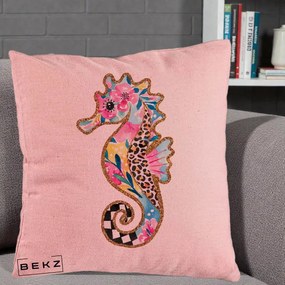 Perna Decorativa Calut de Mare Glitter Tropical, 40x40 cm, Roz, Husa Detasabila, Perna Inclusa, BEKZ®