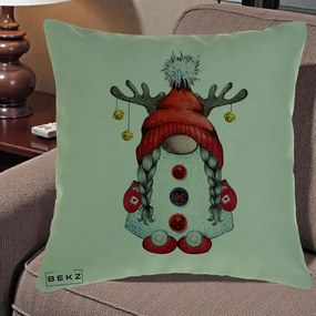 Perna Decorativa Pitic Gnom Craciun cu Coarne de Ren, 40x40 cm, Verde, Husa Detasabila, Perna Inclusa, BEKZ®