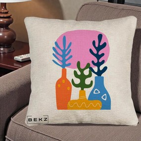 Perna Decorativa Vaze Botanice Abstract, 40x40 cm, Bej Canapea, Husa Detasabila, Perna Inclusa, BEKZ®