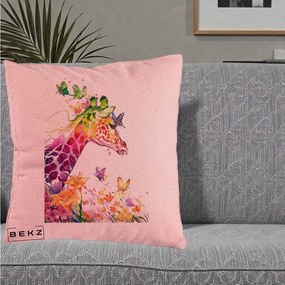 Perna Decorativa Girafa Curcubeu Acuarela, 40x40 cm, Roz, Husa Detasabila, Perna Inclusa, BEKZ®