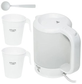 Cana electrica Adler AD 1381, 900W, 0,5 L, 2 cani si lingura, Protectie fierbere fara apa, Alb