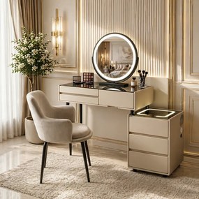 Set ISIDORE, Masă de toaletă pentru machiaj, incarcare Wireless+USB, oglindă iluminată LED, control touch, trei tipuri culoare, 6 sertare, comodă iluminata LED, difuzor Bluetooth, scaun, 80 cm