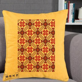 Perna Personalizata Motiv Traditional Ie Romaneasca Rosu, 40x40 cm, Galben, Husa Detasabila, Perna Inclusa, BEKZ®