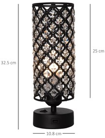 HOMCOM Lampa de Masa Eleganta cu Abajur din Cristal si 2 Porturi USB, Lumina Reglabila Touch, Design Modern, Ф10,8x30 cm, Negru | Aosom Romania