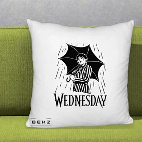 Perna Personalizata Wednesday cu Umbrela Ploaie Lineart, 40x40 cm, Alb Pufos, Husa Detasabila, Perna Inclusa, BEKZ®