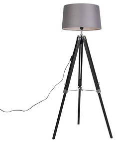 Lampă de podea cu trepied neagră cu abajur 45cm din in gri închis