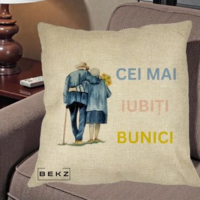 Cadou pentru Bunici - Perna Personalizata Cei Mai Iubiti Bunici Acuarela Spate, 40x40 cm, Crem, Husa Detasabila, Perna Inclusa, BEKZ®