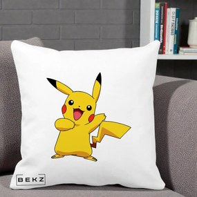 Perna Personalizata Pikachu Fericit, 40x40 cm, Alba Mata, Husa Detasabila, Perna Inclusa, BEKZ®