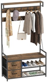 HOMCOM Suport pentru haine 6-în-1 cu raft pentru pantofi, stil industrial, 10 cârlige, 2 sertare textile, metal, maro | Aosom Romania